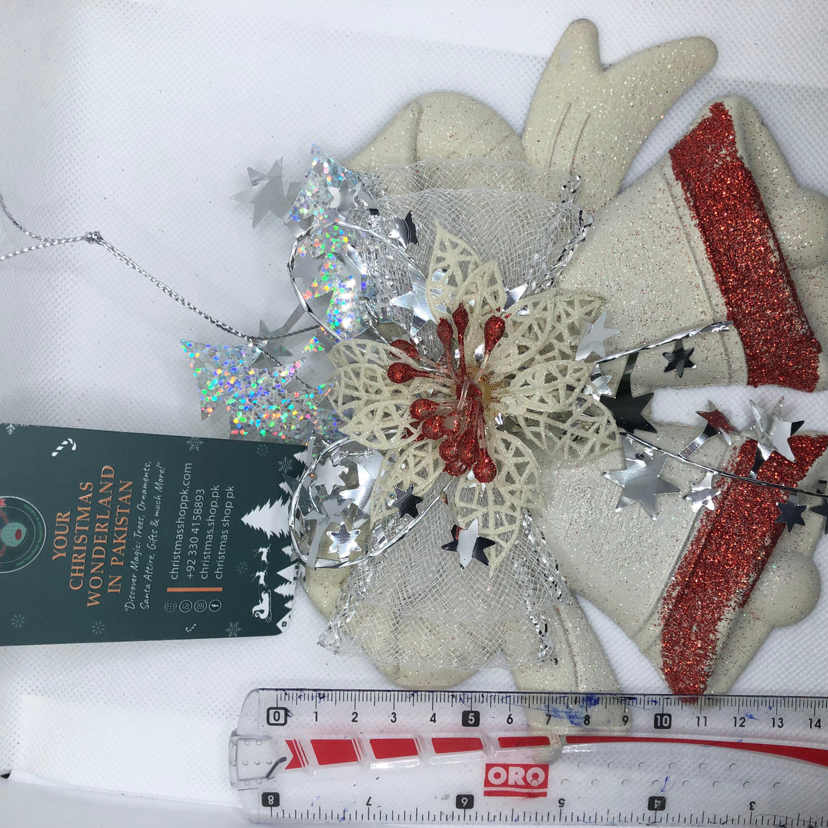 White Christmas Bells with Red Glitter – 15cm